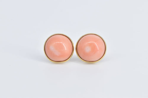 14K Round Vintage Coral Cabochon Domed Stud Earrings Yellow Gold