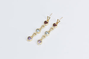 14K Heart Garnet Topaz Amethyst Tiered Dangle Earrings Yellow Gold