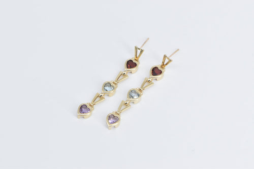 14K Heart Garnet Topaz Amethyst Tiered Dangle Earrings Yellow Gold