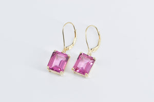 14K Emerald Cut Pink Topaz Solitaire Dangle Earrings Yellow Gold