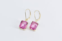 Load image into Gallery viewer, 14K Emerald Cut Pink Topaz Solitaire Dangle Earrings Yellow Gold