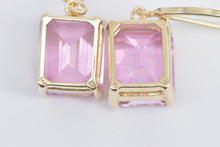 Load image into Gallery viewer, 14K Emerald Cut Pink Topaz Solitaire Dangle Earrings Yellow Gold