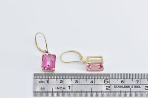 14K Emerald Cut Pink Topaz Solitaire Dangle Earrings Yellow Gold