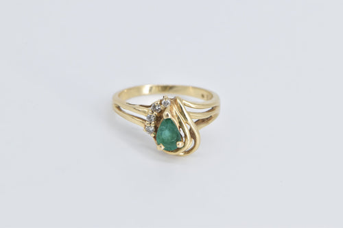 14K Pear Cut Emerald Diamond Swirl Vintage Ring Yellow Gold