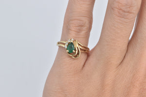 14K Pear Cut Emerald Diamond Swirl Vintage Ring Yellow Gold