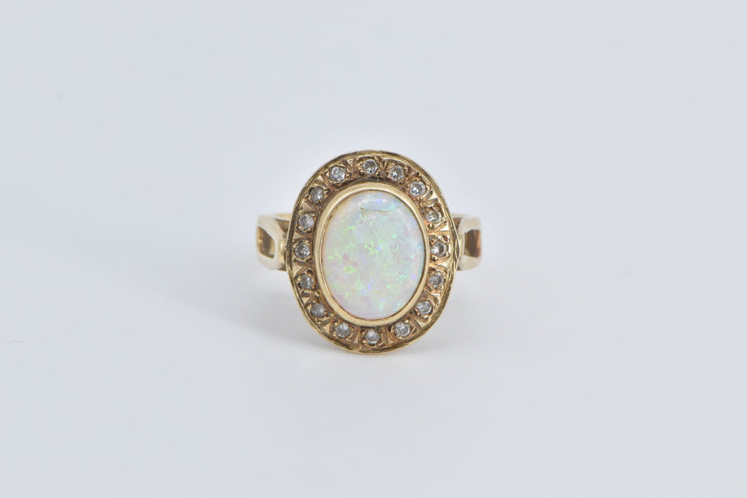 14K Natural Opal Diamond Halo Ornate Statement Ring Yellow Gold