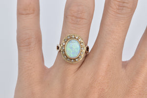 14K Natural Opal Diamond Halo Ornate Statement Ring Yellow Gold