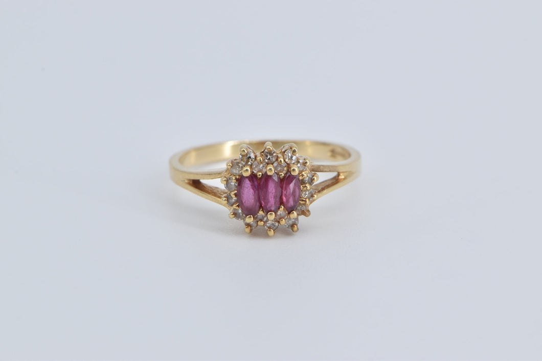 14K Marquise Ruby Diamond Halo Vintage Ring Yellow Gold