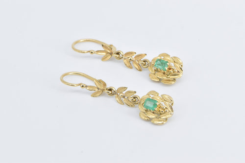 18K Vintage Natural Emerald Ornate Dangle Earrings Yellow Gold