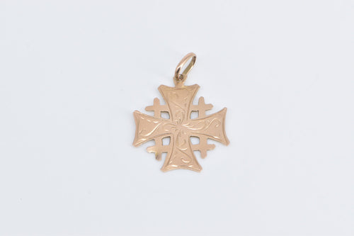 14K Scroll Engraved Jerusalem Cross Symbol Charm/Pendant Yellow Gold