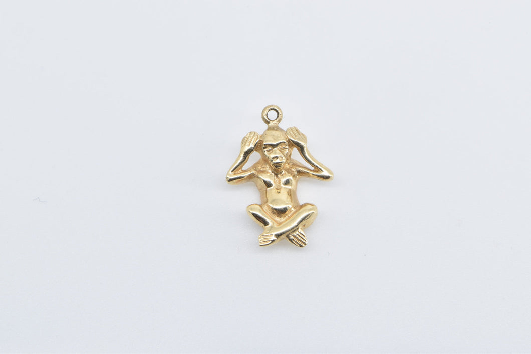 14K Hear No Evil Monkey Novelty 3D Symbol Charm/Pendant Yellow Gold