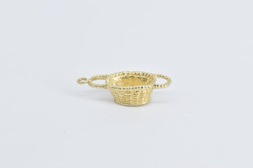 14K 3D Vintage Picnic Woven Basket Charm/Pendant Yellow Gold