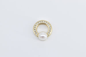 14K 0.32 Ctw Diamond Pearl Vintage Circle Round Pendant Yellow Gold