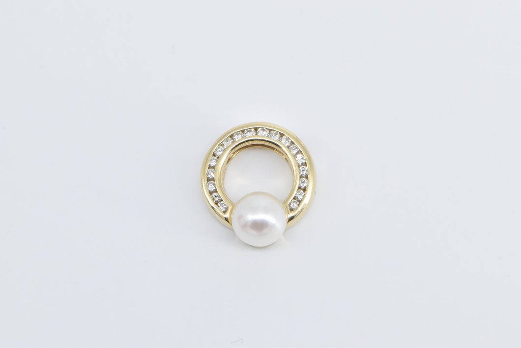 14K 0.32 Ctw Diamond Pearl Vintage Circle Round Pendant Yellow Gold