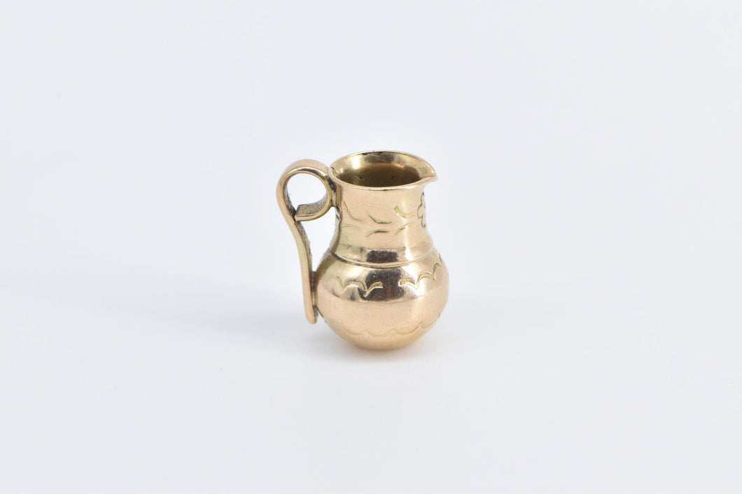 14K 3D Vase Water Pitcher Floral Pattern Charm/Pendant Yellow Gold