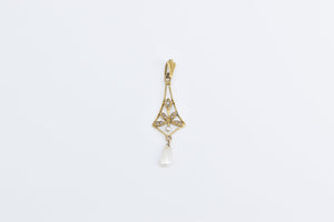 14K Victorian Seed Pearl Dangle Drop Statement Pendant Yellow Gold