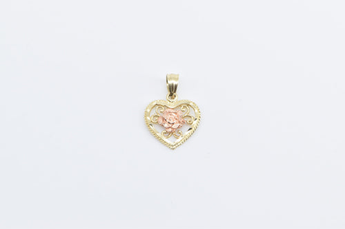 14K Two Tone Rose Flower Filigree Heart Love Charm/Pendant Yellow Gold