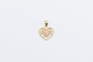 14K Two Tone Rose Flower Filigree Heart Love Charm/Pendant Yellow Gold