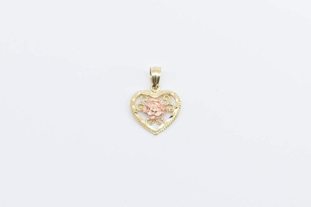 14K Two Tone Rose Flower Filigree Heart Love Charm/Pendant Yellow Gold