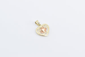 14K Two Tone Rose Flower Filigree Heart Love Charm/Pendant Yellow Gold