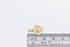 14K Two Tone Rose Flower Filigree Heart Love Charm/Pendant Yellow Gold