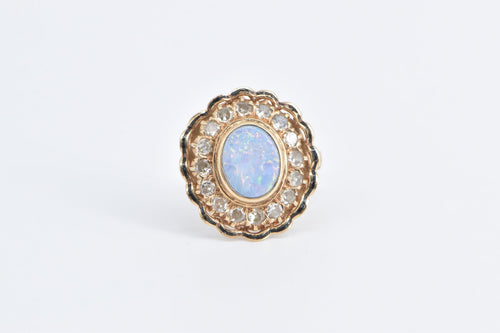 10K Vintage Opal Diamond Scalloped Halo Statement Ring Yellow Gold