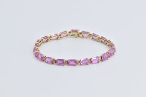 10K Emerald Cut Pink Topaz Diamond Accent Chain Bracelet 7.25" Yellow Gold