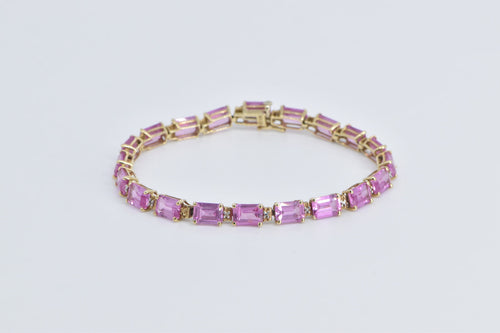 14K Emerald Cut Pink Topaz Diamond Accent Chain Bracelet 7.25