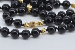 14K Vintage Black Onyx Beaded Opera Strand Necklace 37" Yellow Gold