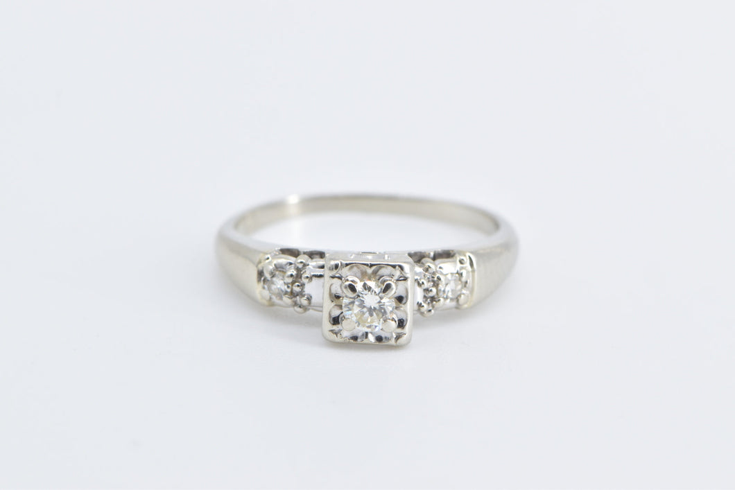 14K 1940's 0.17 Ctw Diamond Three Stone Promise Ring White Gold