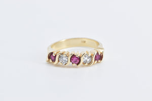 14K Vintage Diamond Ruby Wavy Statement Band Ring Yellow Gold