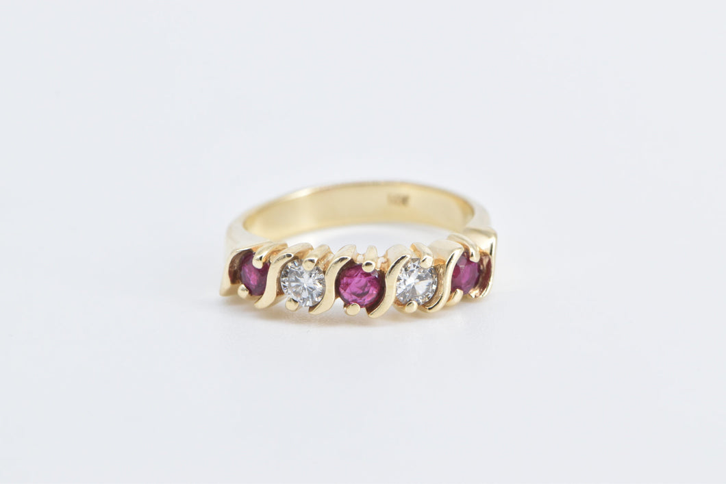 14K Vintage Diamond Ruby Wavy Statement Band Ring Yellow Gold