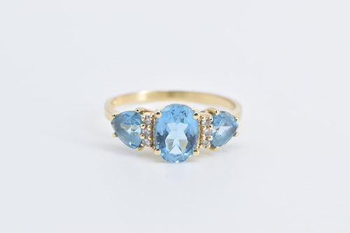 14K Three Stone Blue Topaz Diamond Vintage Ring Yellow Gold