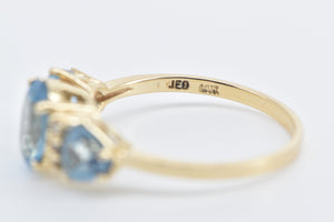 14K Three Stone Blue Topaz Diamond Vintage Ring Yellow Gold