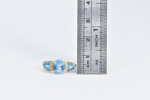 14K Three Stone Blue Topaz Diamond Vintage Ring Yellow Gold