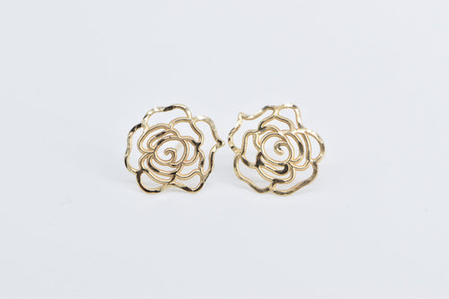 14K Rose Flower Filigree Vintage Stud Earrings Yellow Gold