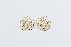 14K Rose Flower Filigree Vintage Stud Earrings Yellow Gold