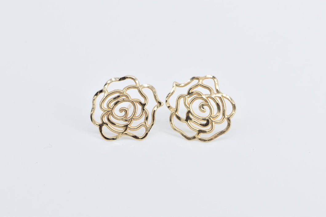 14K Rose Flower Filigree Vintage Stud Earrings Yellow Gold