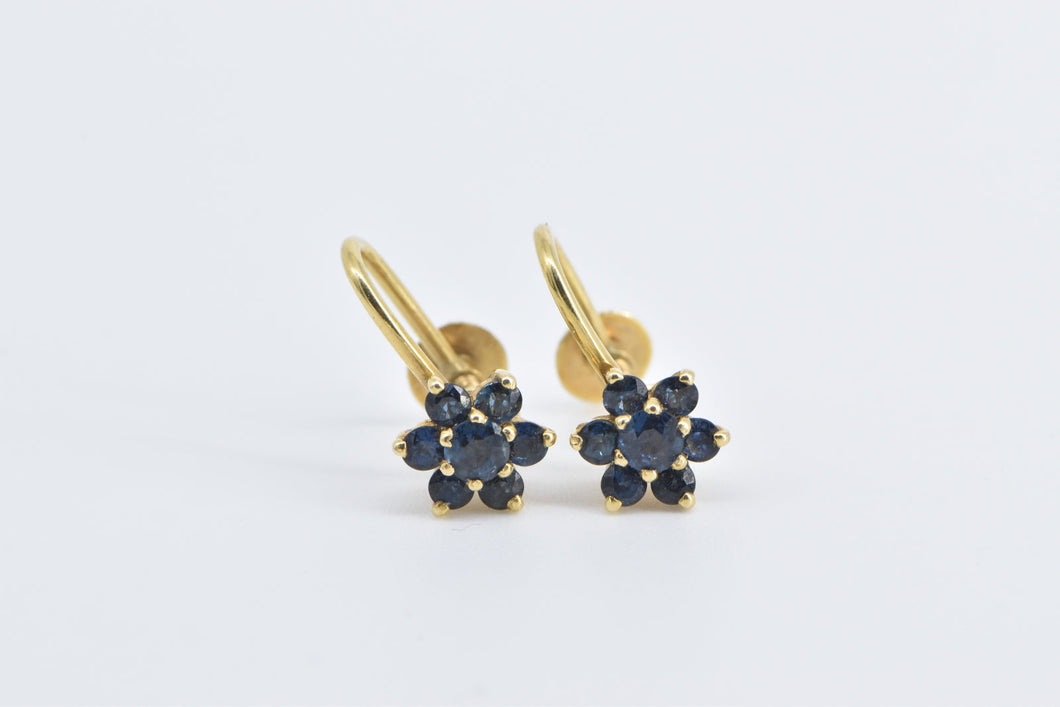 14K Vintage Sapphire Flower Cluster Screw Back Earrings Yellow Gold