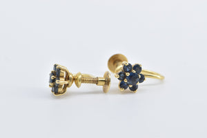 14K Vintage Sapphire Flower Cluster Screw Back Earrings Yellow Gold