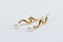 Load image into Gallery viewer, 14K Pearl Diamond Swirl Dangle Drop Fashion Earrings Yellow Gold