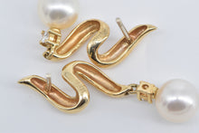 Load image into Gallery viewer, 14K Pearl Diamond Swirl Dangle Drop Fashion Earrings Yellow Gold