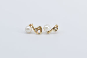 14K Vintage Pearl Diamond Swirl Fashion Stud Earrings Yellow Gold