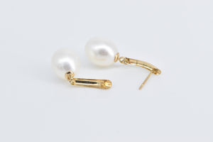 14K Vintage Pearl Curved Dangle Drop Fashion Earrings Yellow Gold