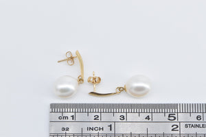 14K Vintage Pearl Curved Dangle Drop Fashion Earrings Yellow Gold