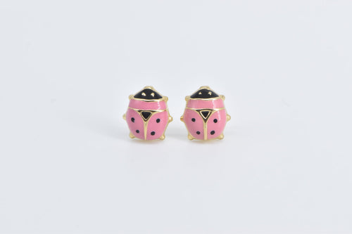 14K Pink Enamel Vintage Ladybug Fashion Stud Earrings Yellow Gold