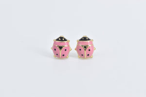 14K Pink Enamel Vintage Ladybug Fashion Stud Earrings Yellow Gold