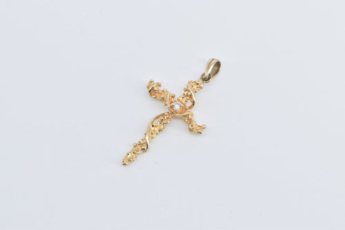 14K Diamond Inset Tree Branch Vine Cross Jesus Pendant Yellow Gold