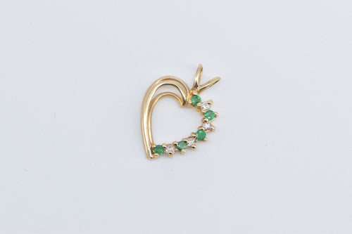 14K Emerald Diamond Heart Love Symbol Vintage Pendant Yellow Gold