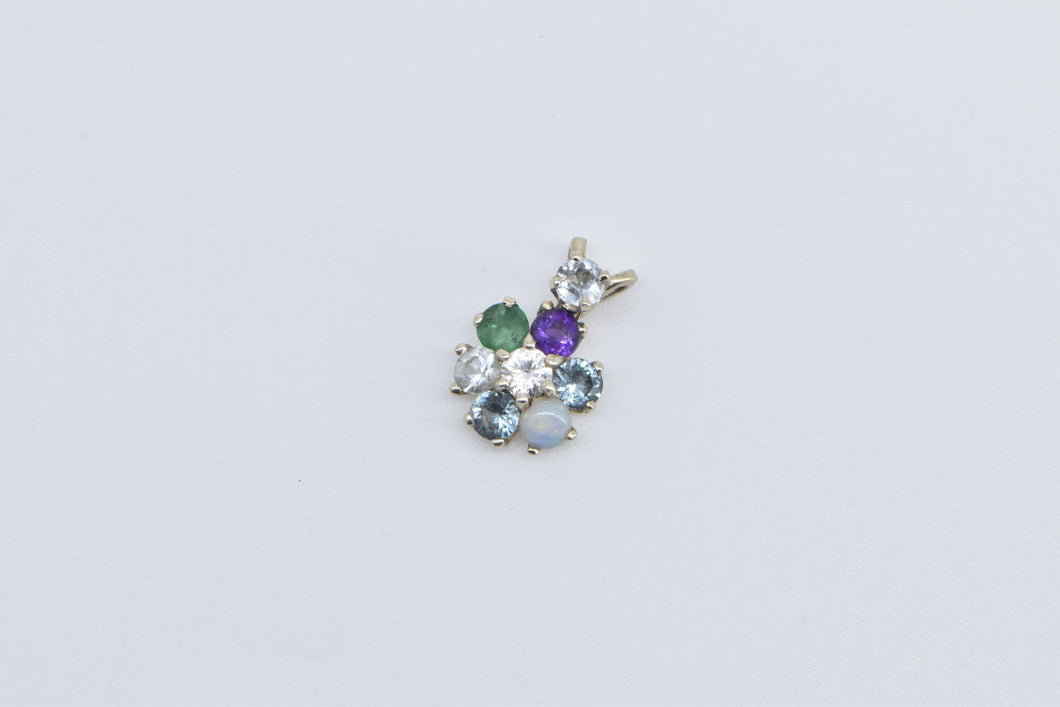 14K Diamond Gem Flower Cluster Vintage Pendant White Gold